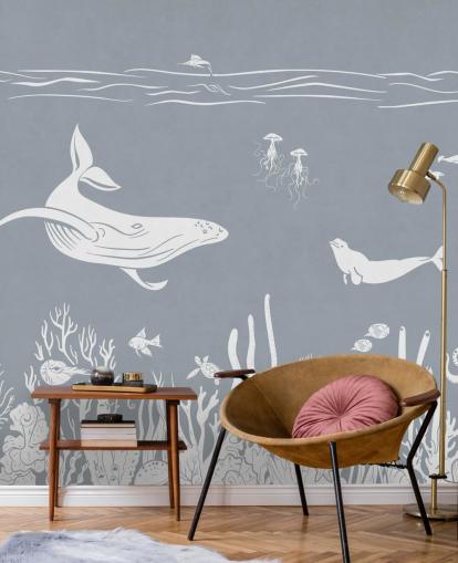 Kids Ocean Wallpaper with whales in blue