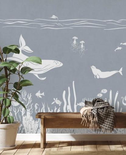 Kids Ocean Wallpaper with whales in blue