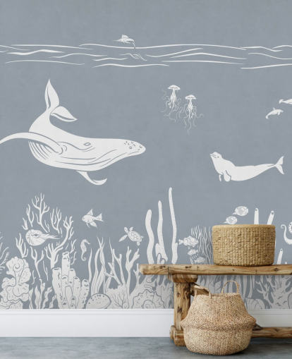 Kids Ocean Wallpaper with whales in blue