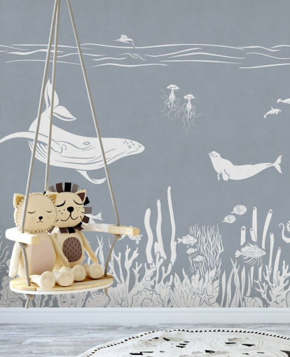 Fondo de pantalla marino para niños con ballenas en azul