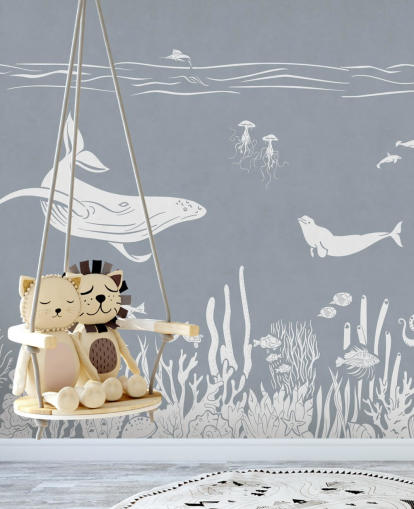Carta da parati per bambini con balene in blu