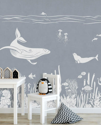 Fondo de pantalla marino para niños con ballenas en azul