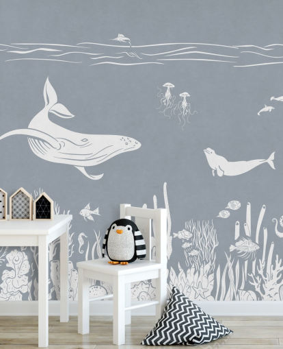 Papier peint pour enfants sur l'océan avec des baleines en bleu Papier peint pour enfants sur l'océan avec des baleines en bleu