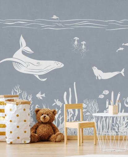 Ocean Wallpaper voor kinderen met walvissen in blauw Ocean Wallpaper voor kinderen met walvissen in blauw