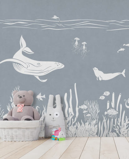 Kids Ocean Wallpaper with whales in blue