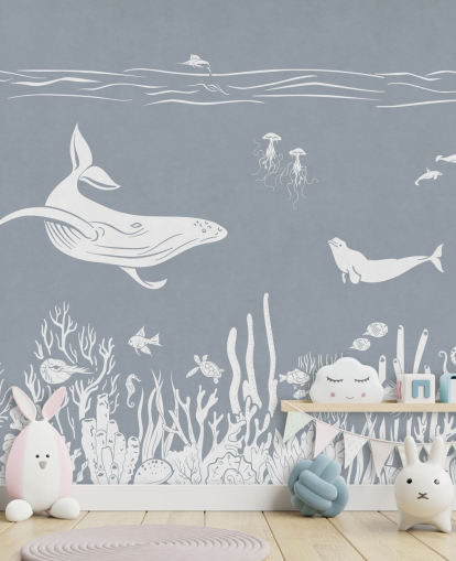 Kids Ocean Tapet med hvaler i blåt Kids Ocean Tapet med hvaler i blåt
