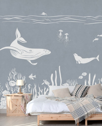 Fondo de pantalla marino para niños con ballenas en azul