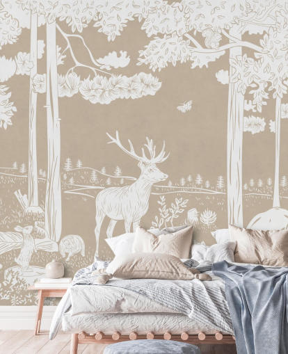Brown kids forest wall mural by Kikki Belle for bedrooms and playrooms