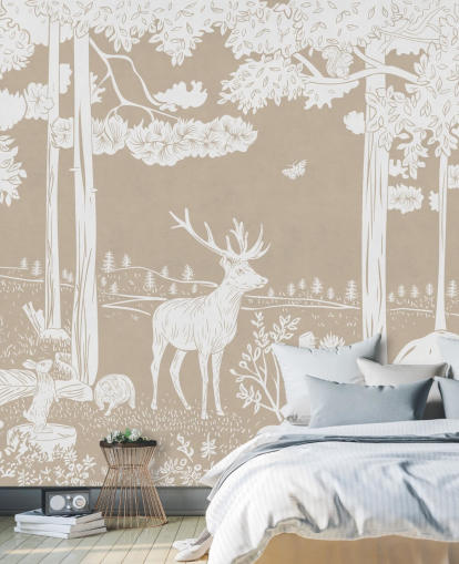 Brown kids forest wall mural by Kikki Belle for bedrooms and playrooms