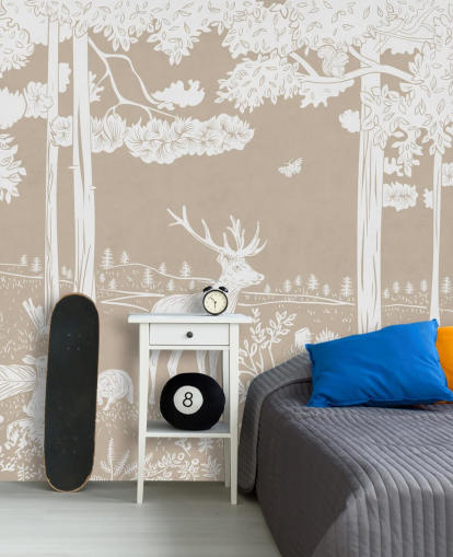 brown kids forest wall mural called Monochrome Forest - Brown by Kikki Belle for bedrooms and playrooms brown kids forest wall mural called Monochrome Forest - Brown by Kikki Belle for bedrooms and playrooms