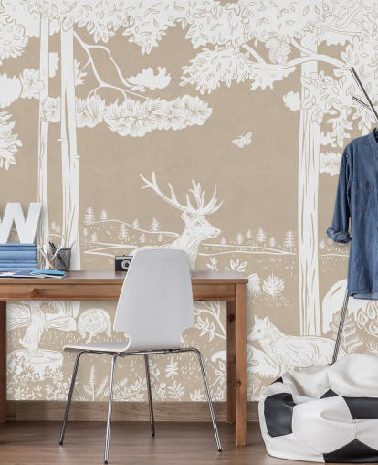 Brown kids forest wall mural by Kikki Belle for bedrooms and playrooms