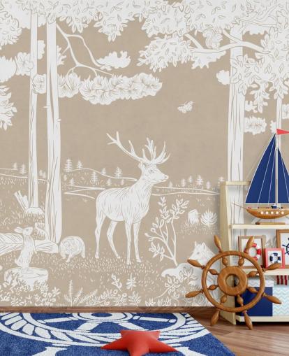 Brown kids forest wall mural by Kikki Belle for bedrooms and playrooms