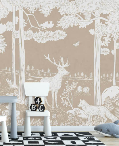 brown kids forest wall mural called Monochrome Forest - Brown by Kikki Belle for bedrooms and playrooms