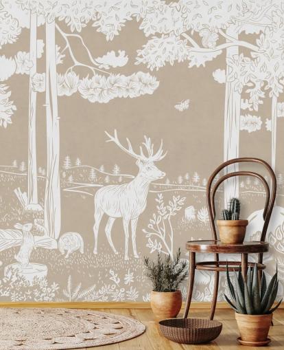 Brown kids forest wall mural by Kikki Belle for bedrooms and playrooms