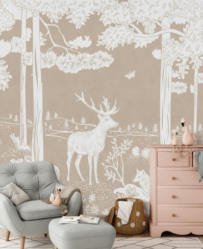 brown kids forest wall mural called Monochrome Forest - Brown by Kikki Belle for bedrooms and playrooms