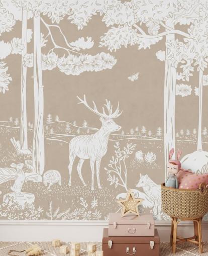 brown kids forest wall mural called Monochrome Forest - Brown by Kikki Belle for bedrooms and playrooms