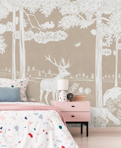 brown kids forest wall mural called Monochrome Forest - Brown by Kikki Belle for bedrooms and playrooms