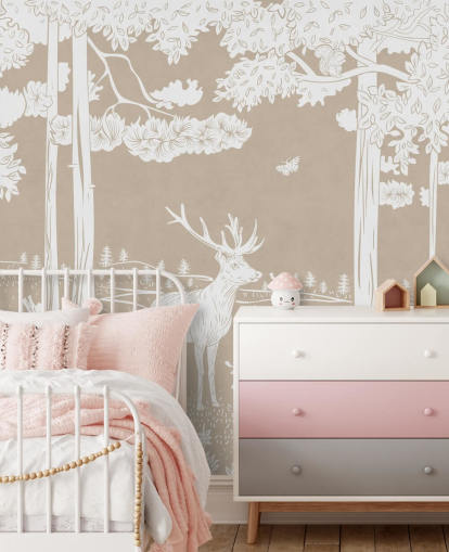 brown kids forest wall mural called Monochrome Forest - Brown by Kikki Belle for bedrooms and playrooms