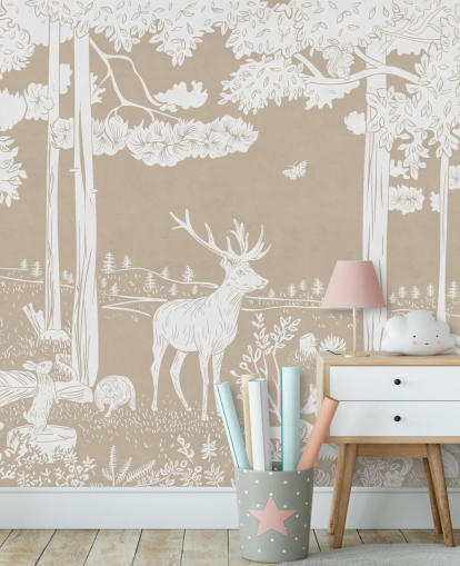 Brown kids forest wall mural by Kikki Belle for bedrooms and playrooms