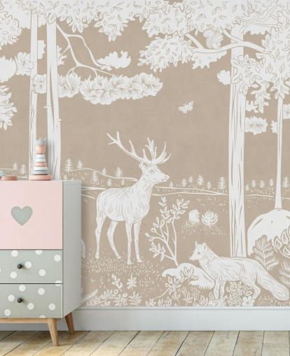 brown kids forest wall mural called Monochrome Forest - Brown by Kikki Belle for bedrooms and playrooms