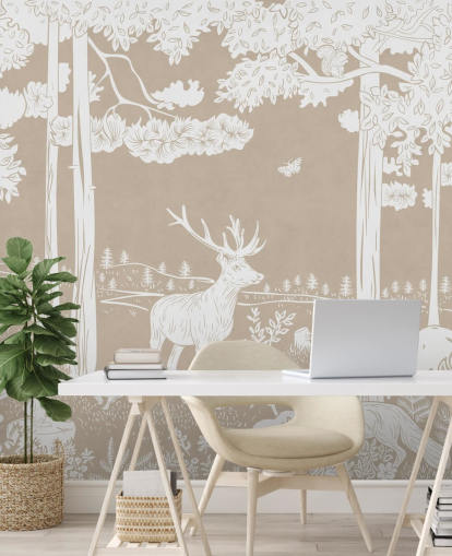 brown kids forest wall mural called Monochrome Forest - Brown by Kikki Belle for bedrooms and playrooms