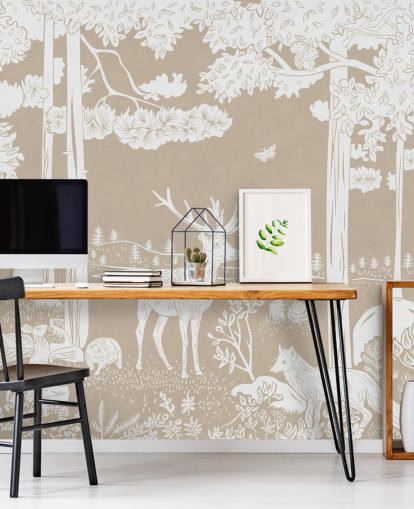Brown kids forest wall mural by Kikki Belle for bedrooms and playrooms