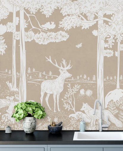 Brown kids forest wall mural by Kikki Belle for bedrooms and playrooms