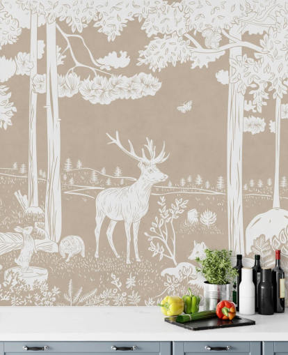 brown kids forest wall mural called Monochrome Forest - Brown by Kikki Belle for bedrooms and playrooms