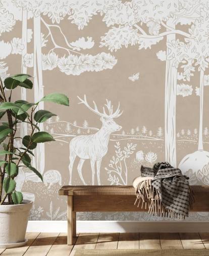 brown kids forest wall mural called Monochrome Forest - Brown by Kikki Belle for bedrooms and playrooms