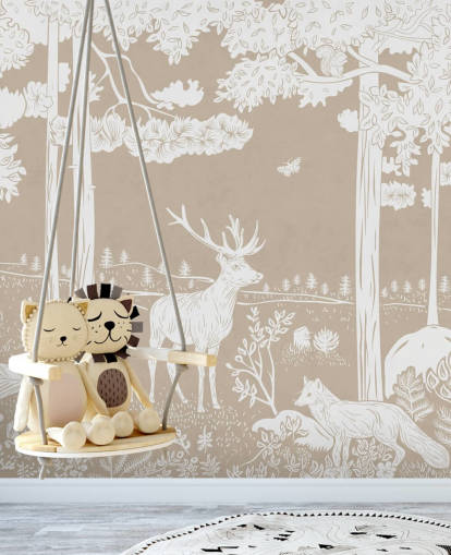 brown kids forest wall mural called Monochrome Forest - Brown by Kikki Belle for bedrooms and playrooms