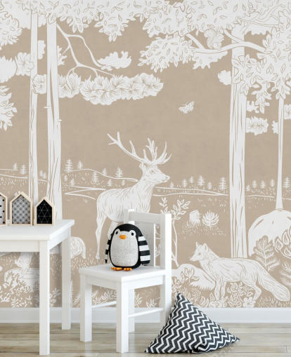 Brown kids forest wall mural by Kikki Belle for bedrooms and playrooms