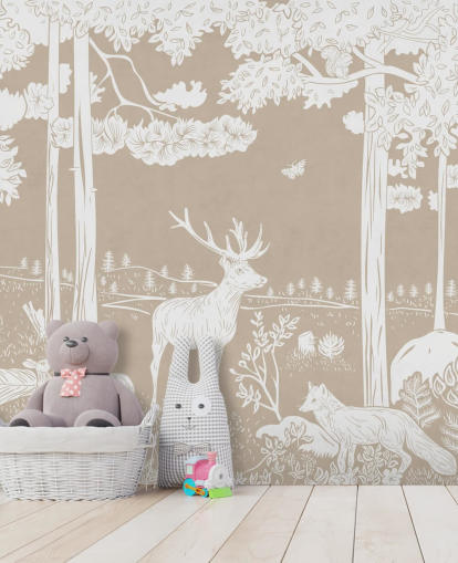 brown kids forest wall mural called Monochrome Forest - Brown by Kikki Belle for bedrooms and playrooms
