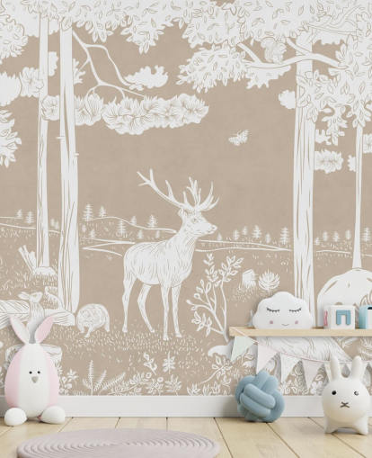 brown kids forest wall mural called Monochrome Forest - Brown by Kikki Belle for bedrooms and playrooms