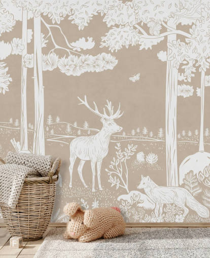 brown kids forest wall mural called Monochrome Forest - Brown by Kikki Belle for bedrooms and playrooms