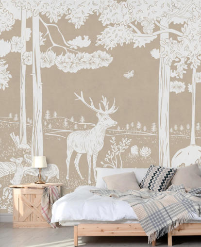 Brown kids forest wall mural by Kikki Belle for bedrooms and playrooms
