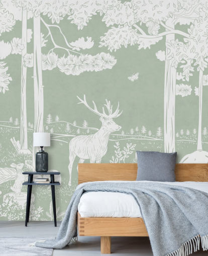 green kids forest wallpaper mural called Monochrome Forest - Green by Kikki Belle for bedrooms and nurseries green kids forest wallpaper mural called Monochrome Forest - Green by Kikki Belle for bedrooms and nurseries