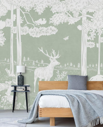 green kids forest wallpaper mural called Monochrome Forest - Green by Kikki Belle for bedrooms and nurseries green kids forest wallpaper mural called Monochrome Forest - Green by Kikki Belle for bedrooms and nurseries