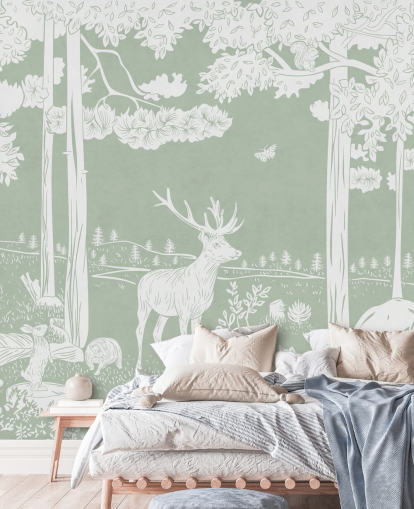 green kids forest wallpaper mural called Monochrome Forest - Green by Kikki Belle for bedrooms and nurseries