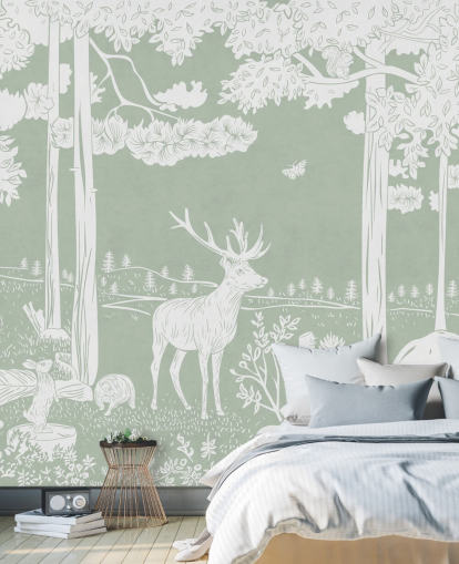 green kids forest wallpaper mural called Monochrome Forest - Green by Kikki Belle for bedrooms and nurseries green kids forest wallpaper mural called Monochrome Forest - Green by Kikki Belle for bedrooms and nurseries