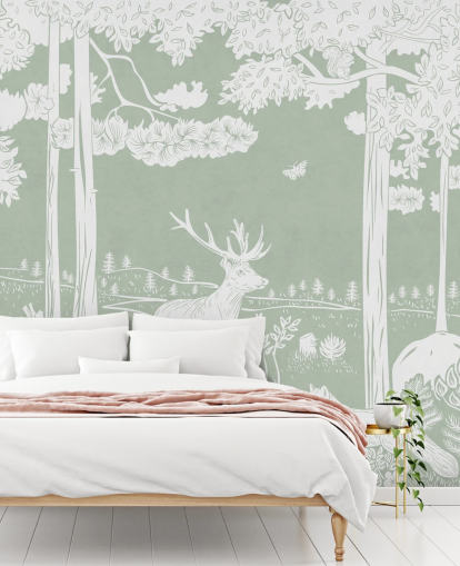 green kids forest wallpaper mural called Monochrome Forest - Green by Kikki Belle for bedrooms and nurseries