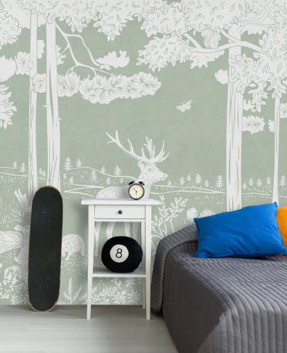 green kids forest wallpaper mural called Monochrome Forest - Green by Kikki Belle for bedrooms and nurseries