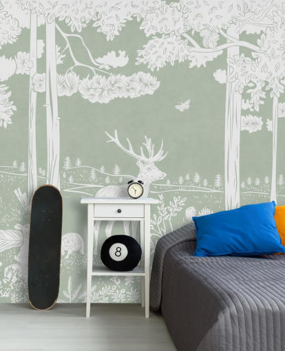 green kids forest wallpaper mural called Monochrome Forest - Green by Kikki Belle for bedrooms and nurseries