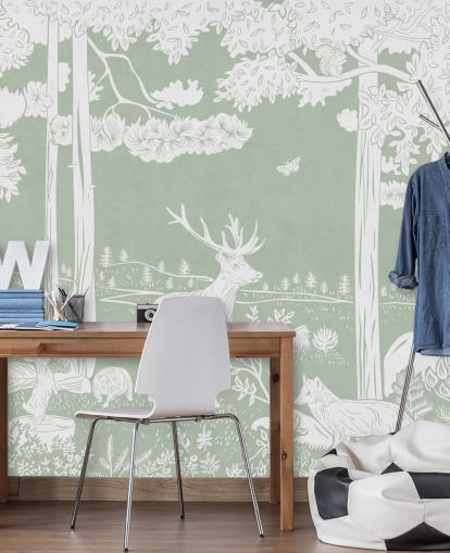 green kids forest wallpaper mural called Monochrome Forest - Green by Kikki Belle for bedrooms and nurseries