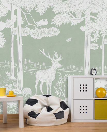 green kids forest wallpaper mural called Monochrome Forest - Green by Kikki Belle for bedrooms and nurseries