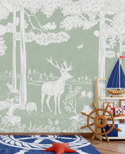 green kids forest wallpaper mural called Monochrome Forest - Green by Kikki Belle for bedrooms and nurseries