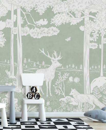 green kids forest wallpaper mural called Monochrome Forest - Green by Kikki Belle for bedrooms and nurseries