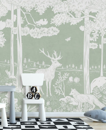green kids forest wallpaper mural called Monochrome Forest - Green by Kikki Belle for bedrooms and nurseries green kids forest wallpaper mural called Monochrome Forest - Green by Kikki Belle for bedrooms and nurseries