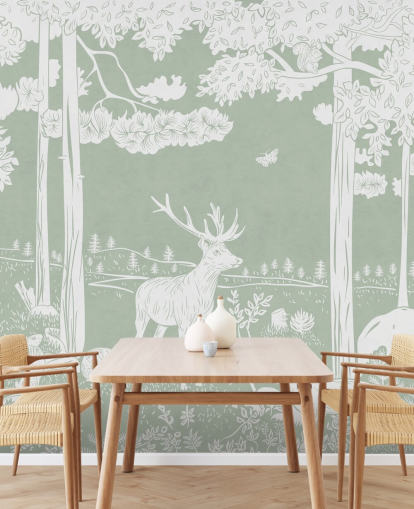 green kids forest wallpaper mural called Monochrome Forest - Green by Kikki Belle for bedrooms and nurseries