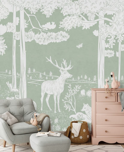 green kids forest wallpaper mural called Monochrome Forest - Green by Kikki Belle for bedrooms and nurseries