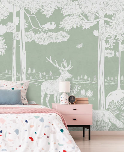 green kids forest wallpaper mural called Monochrome Forest - Green by Kikki Belle for bedrooms and nurseries